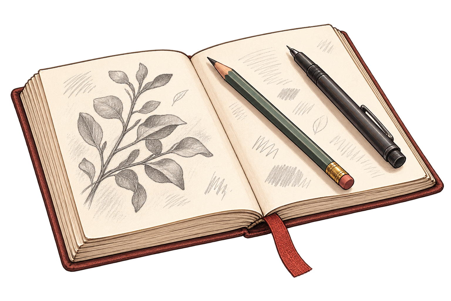 An illustrated open sketchbook with pencils and a leafy sketch