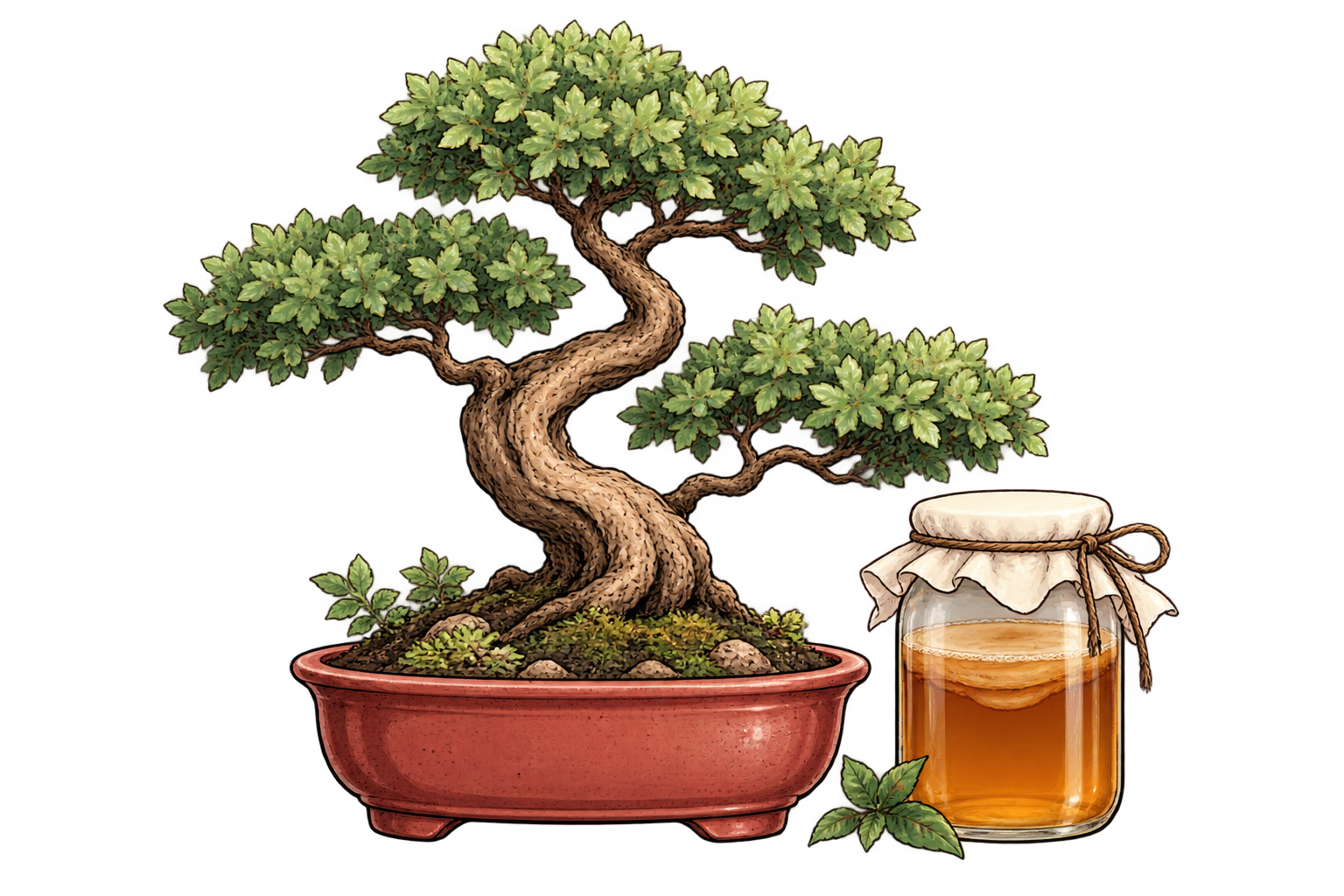 An illustrated bonsai tree beside a jar of kombucha