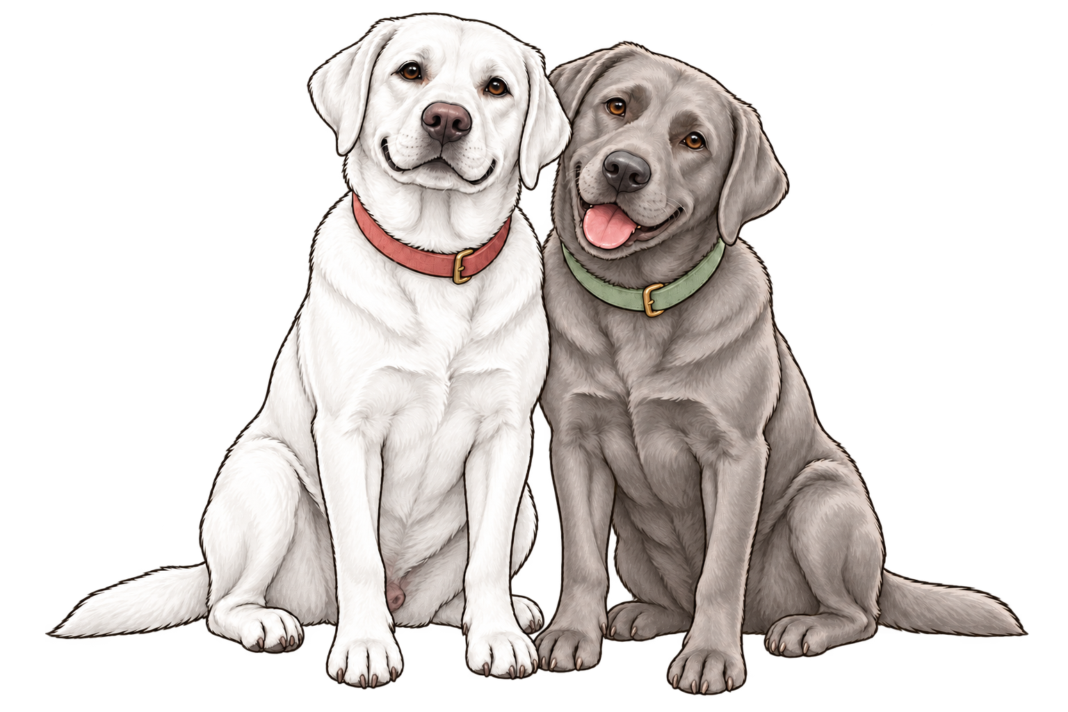 An illustrated white Labrador and silver Labrador sitting together