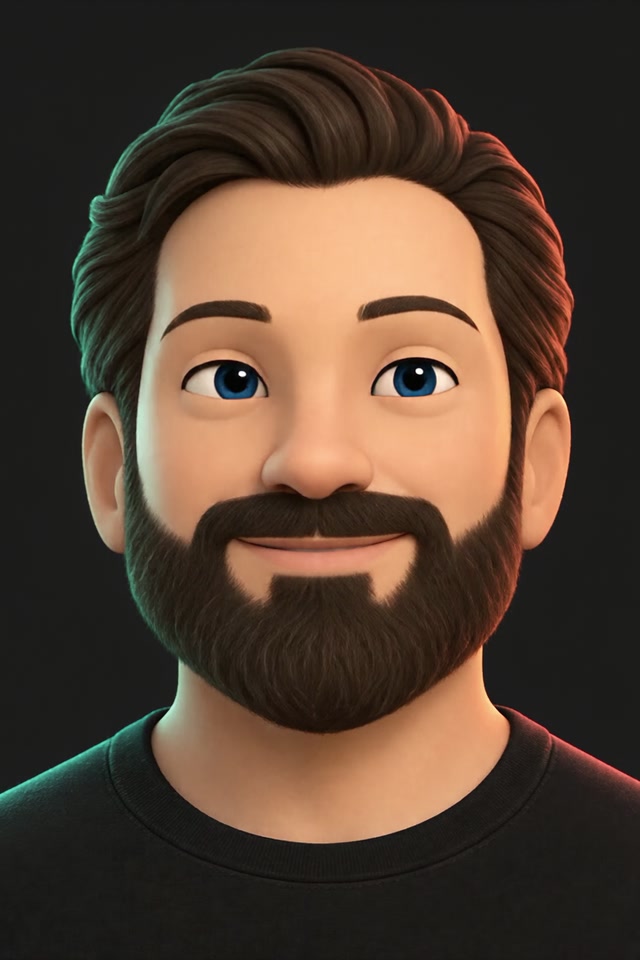 Stylized portrait of Tom, with swept-back dark hair, a beard, and a knowing smile