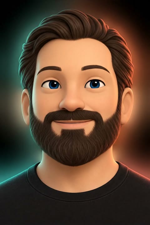 Stylized portrait of Tom, with swept-back dark hair, a beard, and a knowing smile