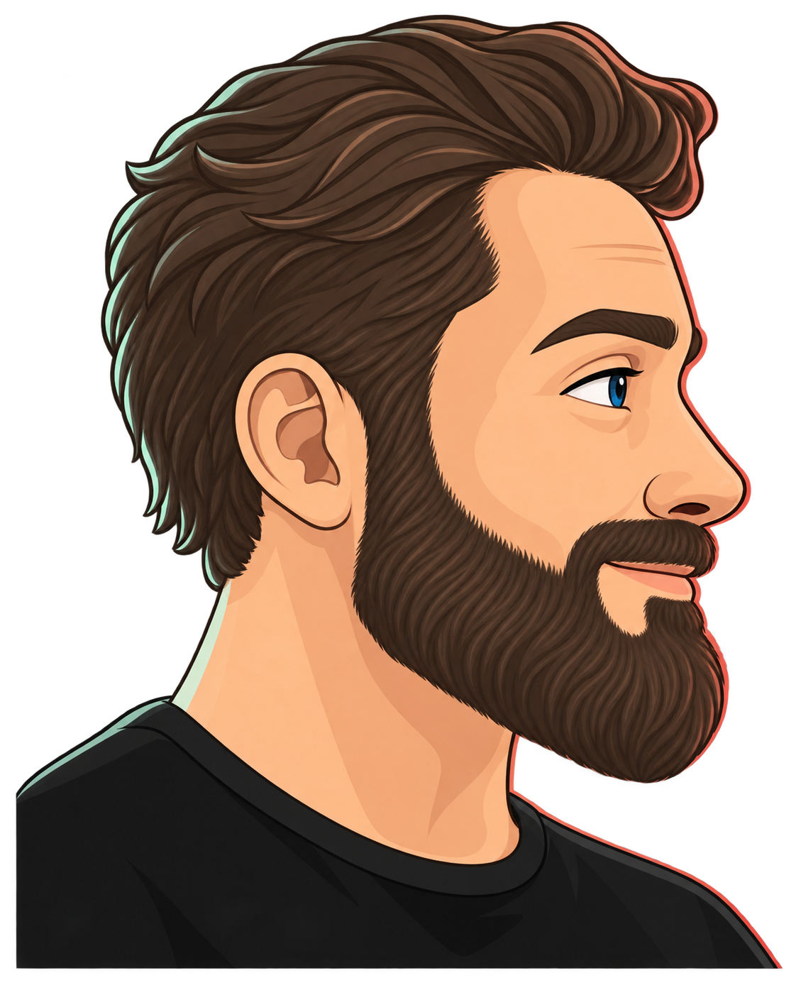 A clean-line cartoon portrait of Tom in profile, with swept-back hair and a full beard