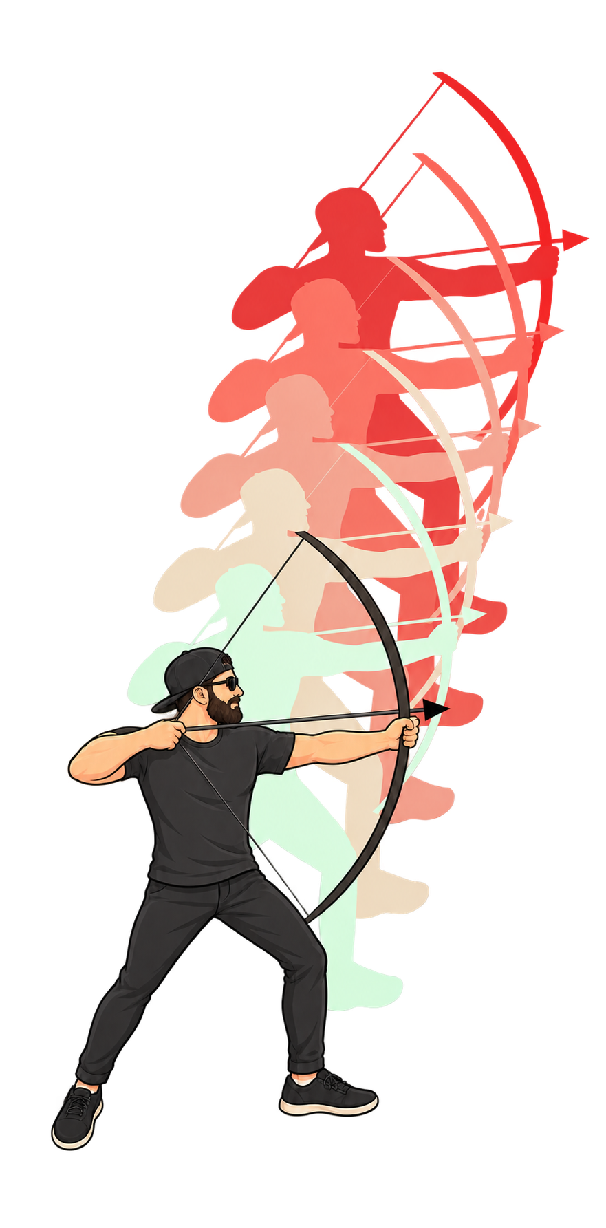 A fine-line illustration of Tom drawing a bow, with ascending mint, cream, clay, coral, and red silhouettes